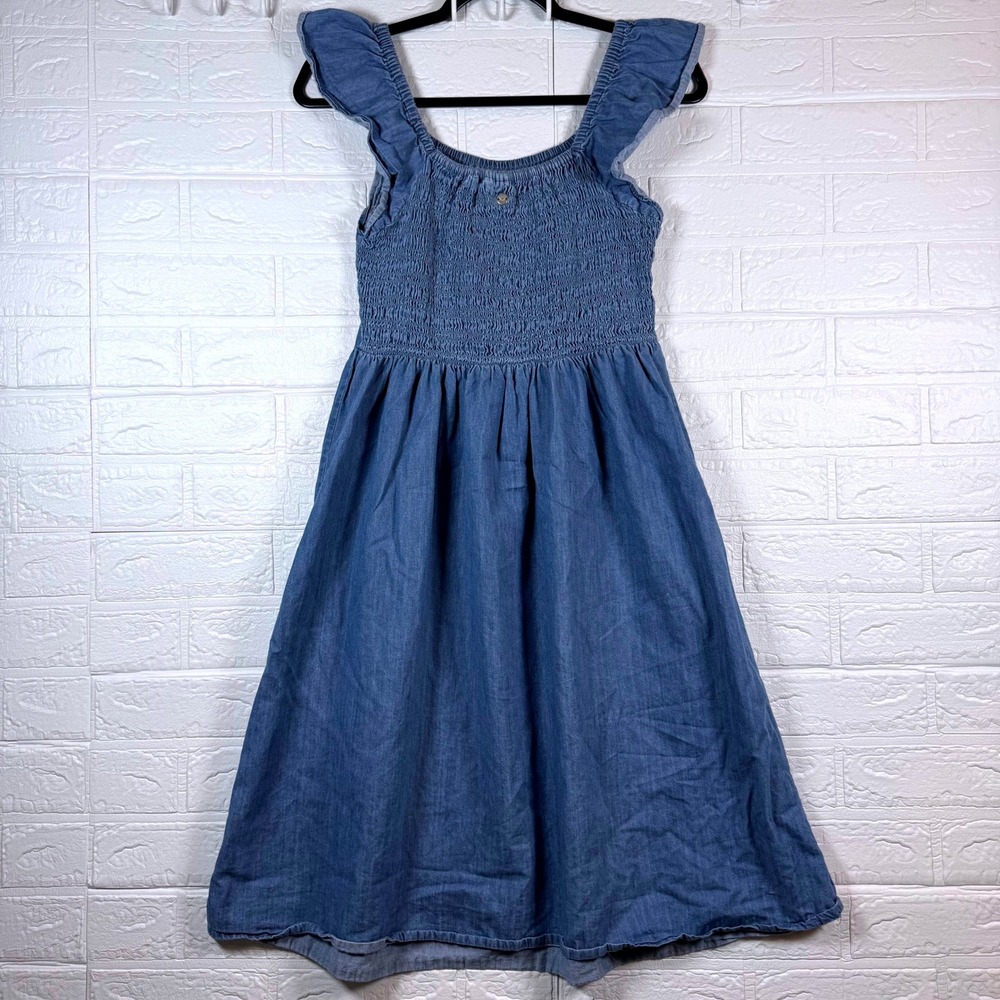 Roxy Denim Dress Kids 16 Blue Smocked Flutter Sleeve Maxi Dress